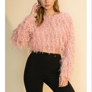 NWT Fuzzy Fringe Cropped Knit Sweater in Pink. Size‎ S & L